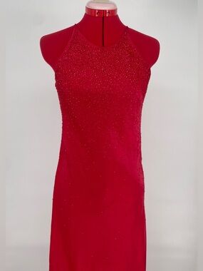 90s/Y2K Red Beaded Iridescent Maxi Length Formal / Prom Dress Scattered Beading
